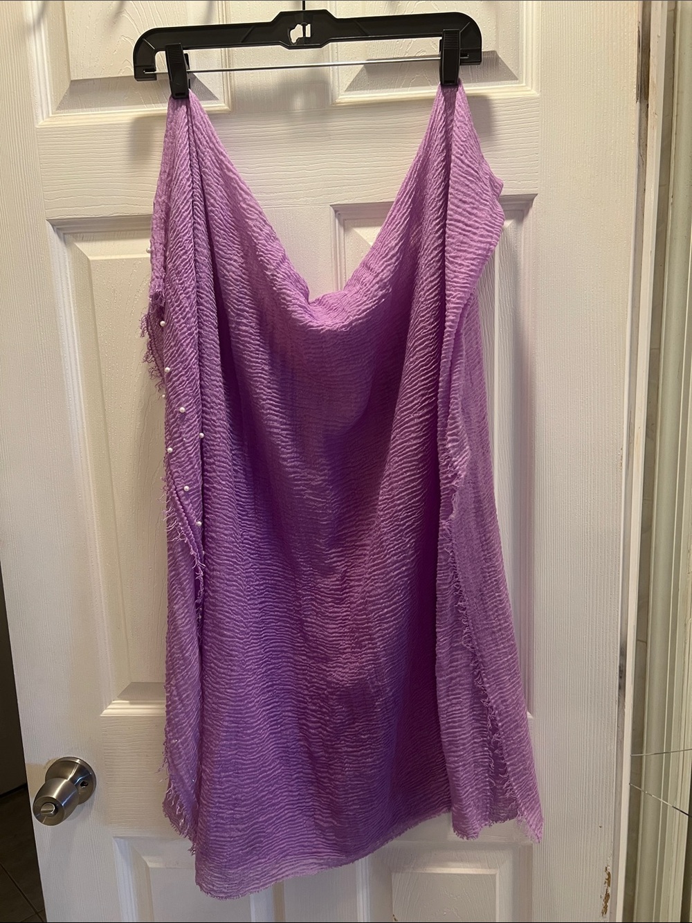 Lightweight Lavender Scarf Wrap with Fringed Edge and White Pearls